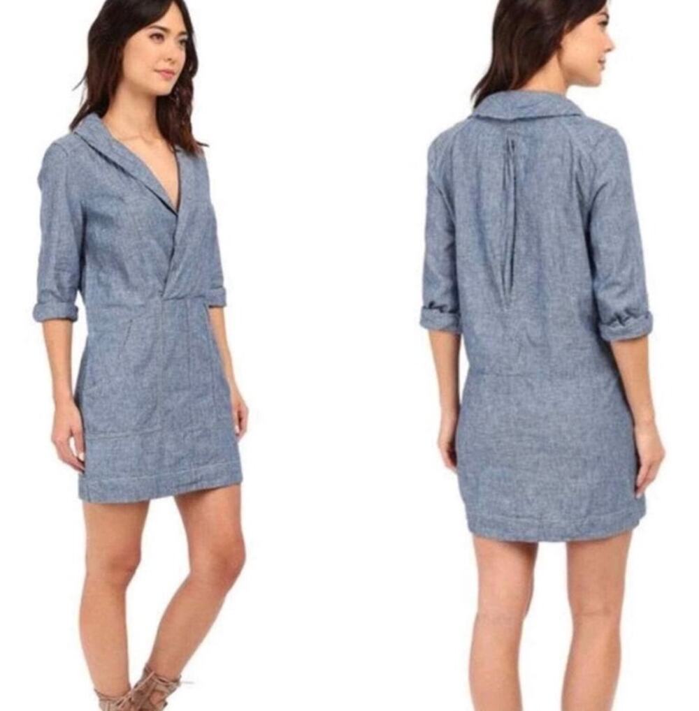 Free People Done Up in Denim Chambray Dress Linen Blend XS